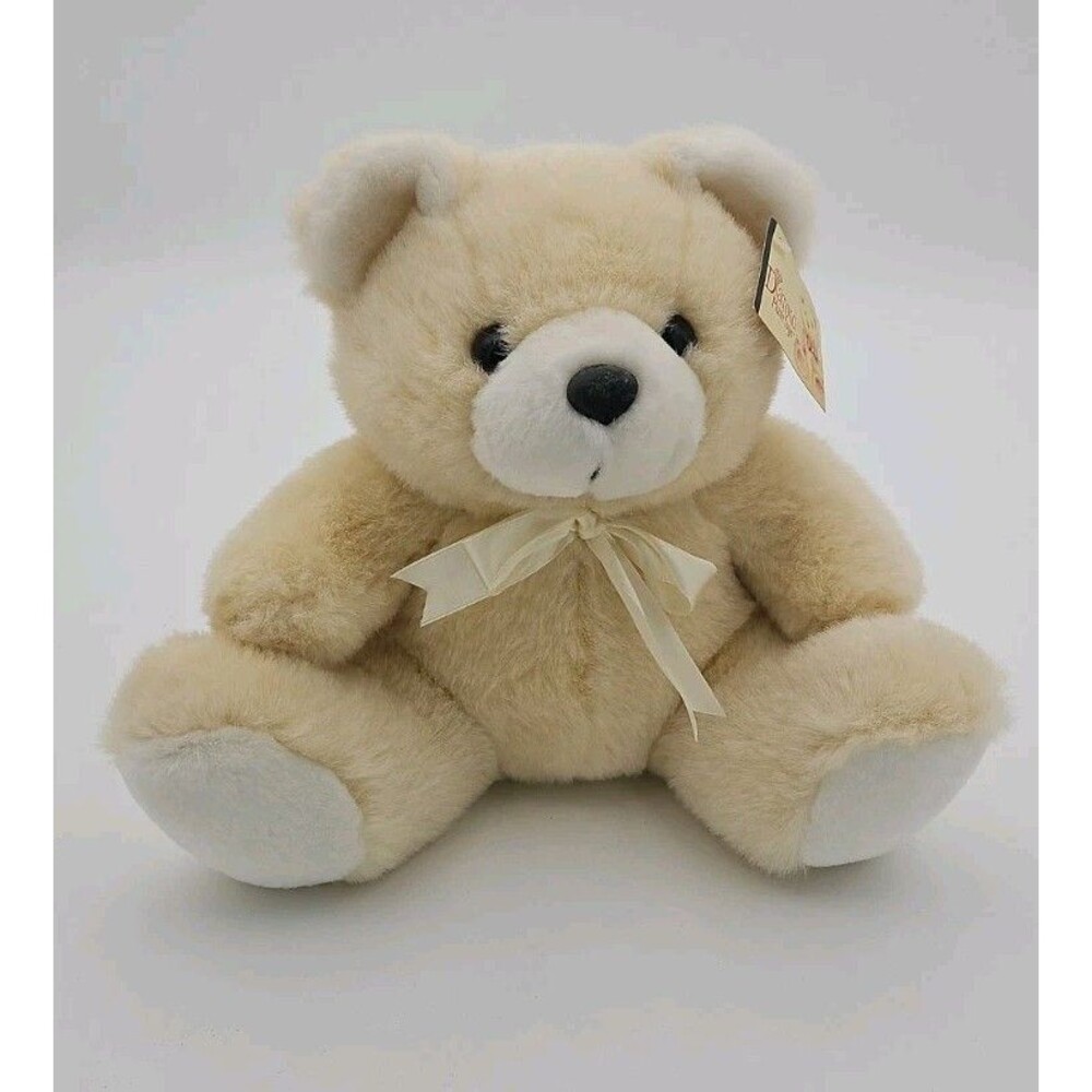 Diamond Plush Toys Teddy Bear Beige  White 9" Sitting Stuffed Animal Ribbon Bow